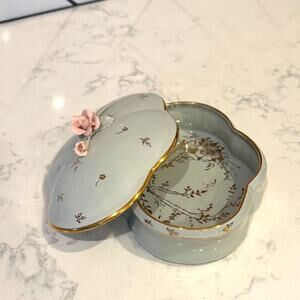 Vintage Leneige Porcelain Trinket box light green gold trim pink roses coquette